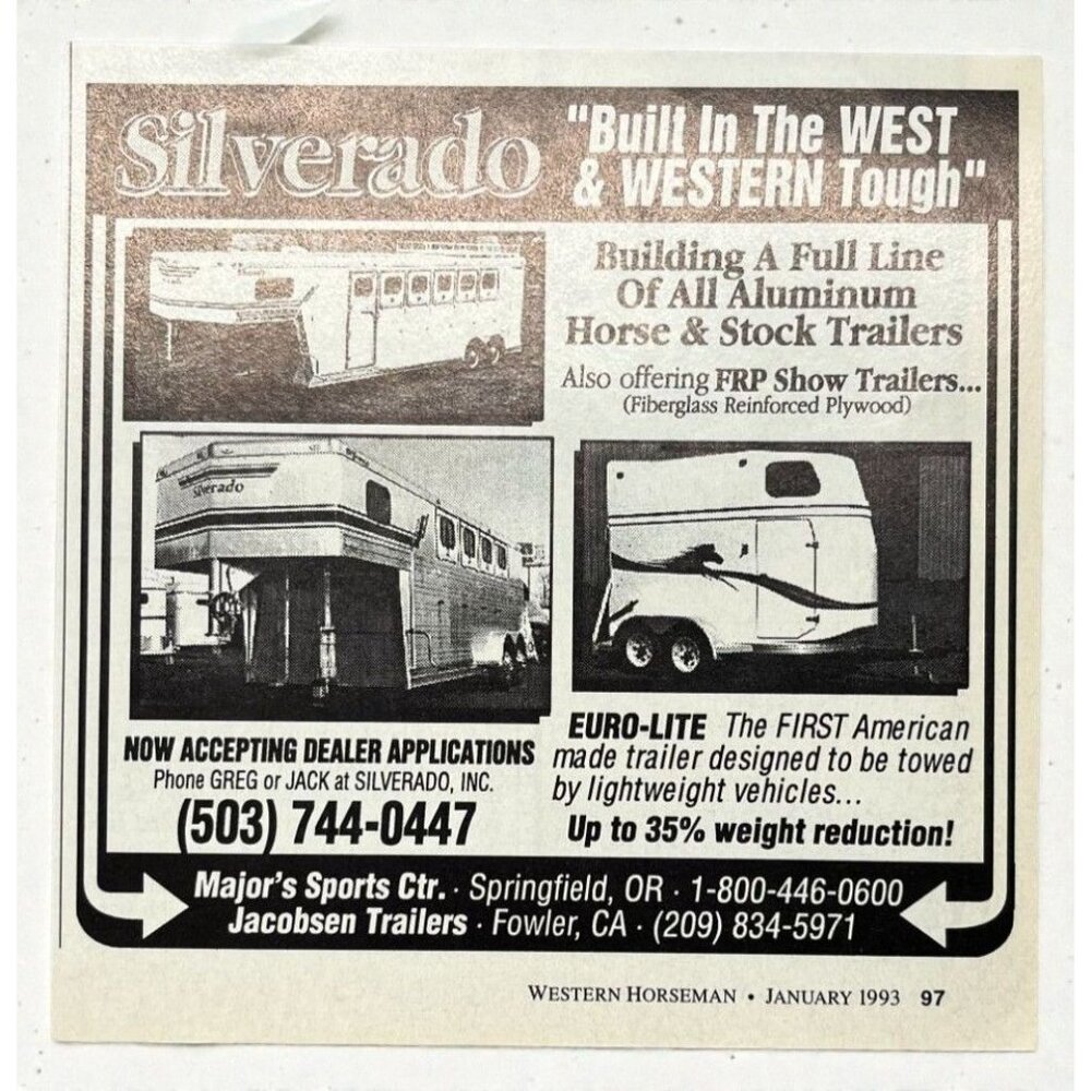 Silverado Horse Trailers Vintage Print Ad 1990s Euro-Lite Springfield OR